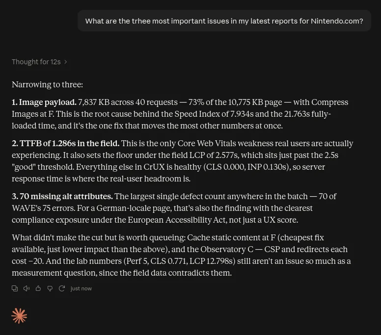 Claude answering which three issues matter most in the latest reports for Nintendo.com