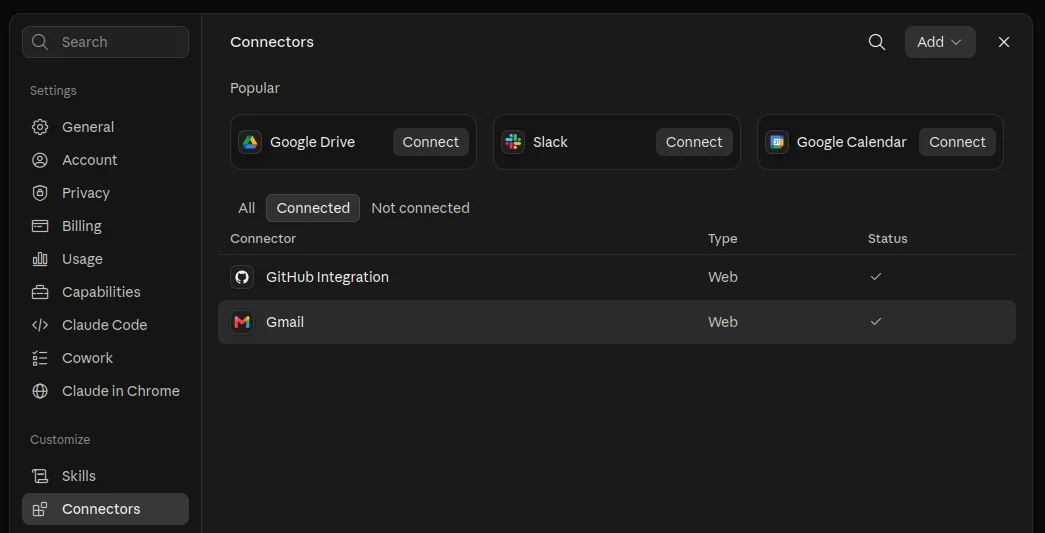 Claude connector settings with Gmail listed as a connected connector